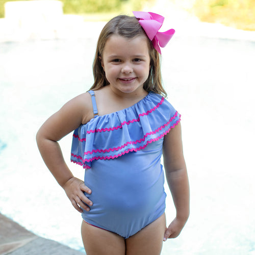 Girls Shoulder Ruffle Swimsuit - True Blue