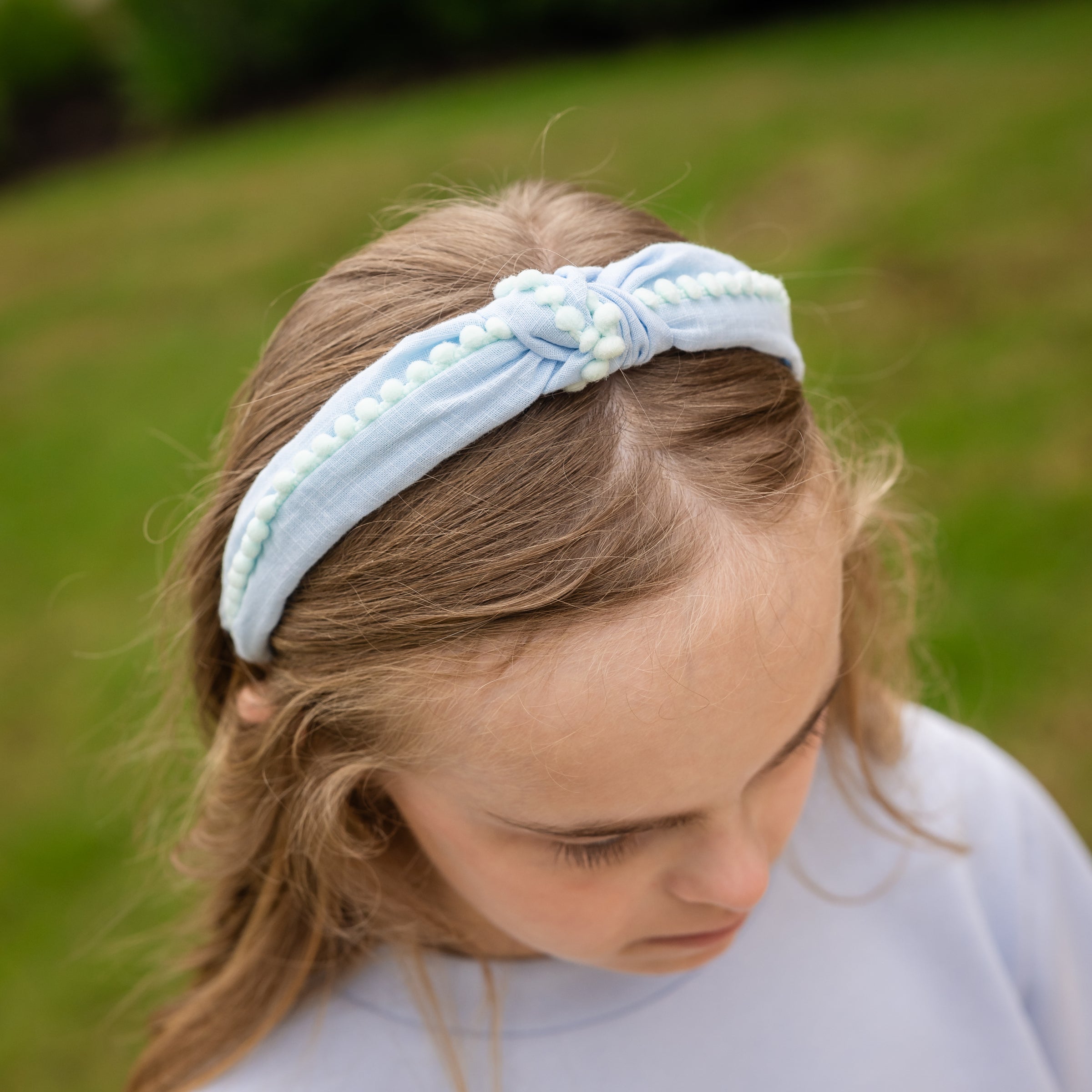 Knot Headband - Light Blue Pom Pom