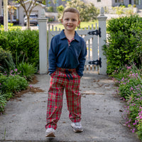 Polo Shirt in Navy with Tartan Plaid Placket