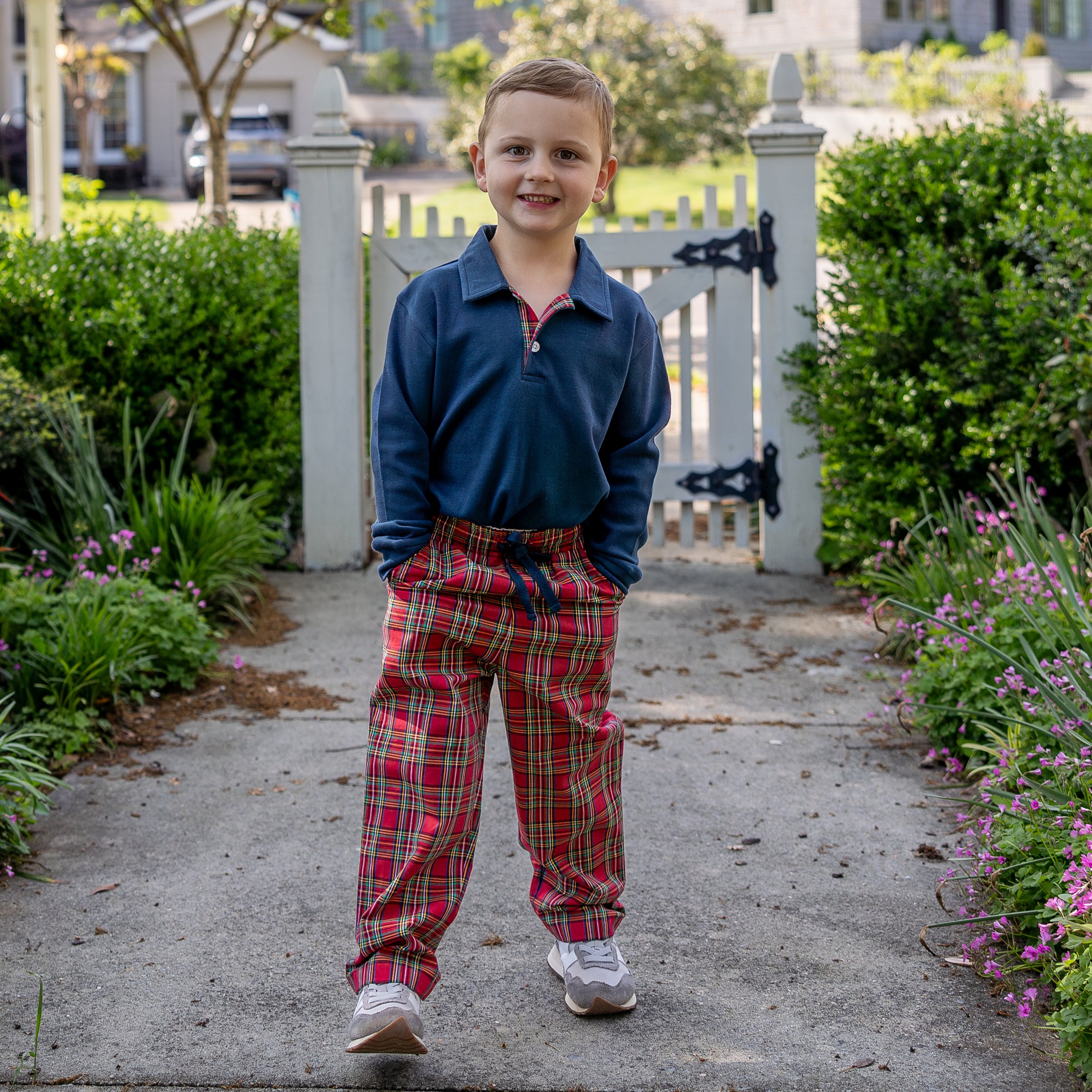 Polo Shirt in Navy with Tartan Plaid Placket