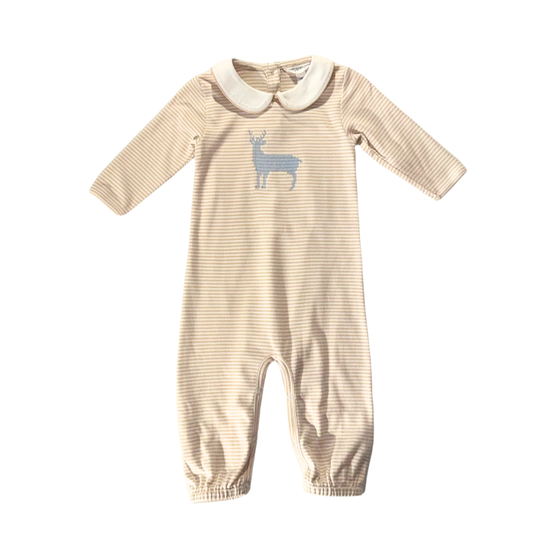 Bowen Romper in Light Khaki Stripe with Deer Applique