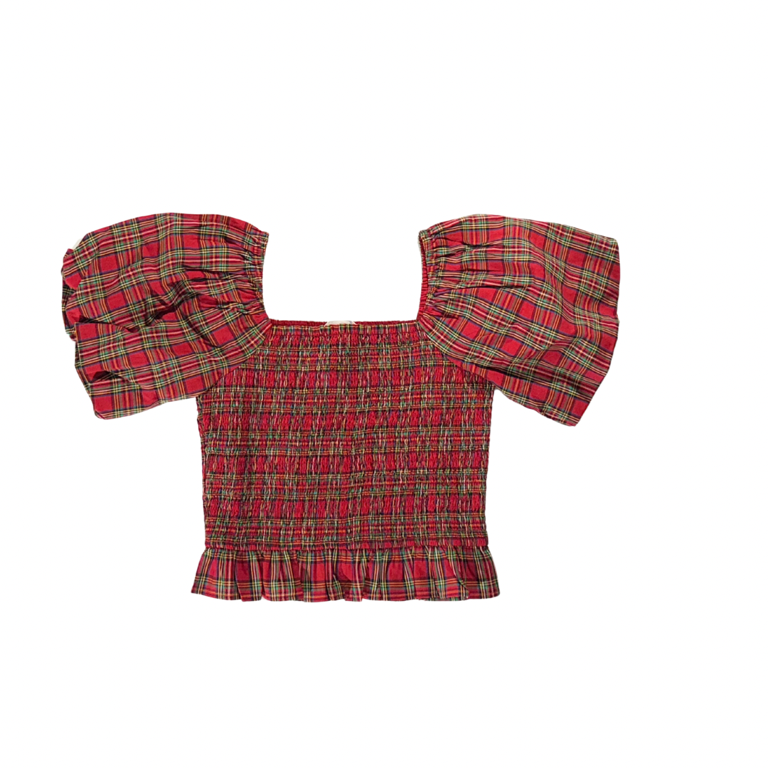 Dylan Top in Red Stewart Tartan Plaid with Peplum Ruffle