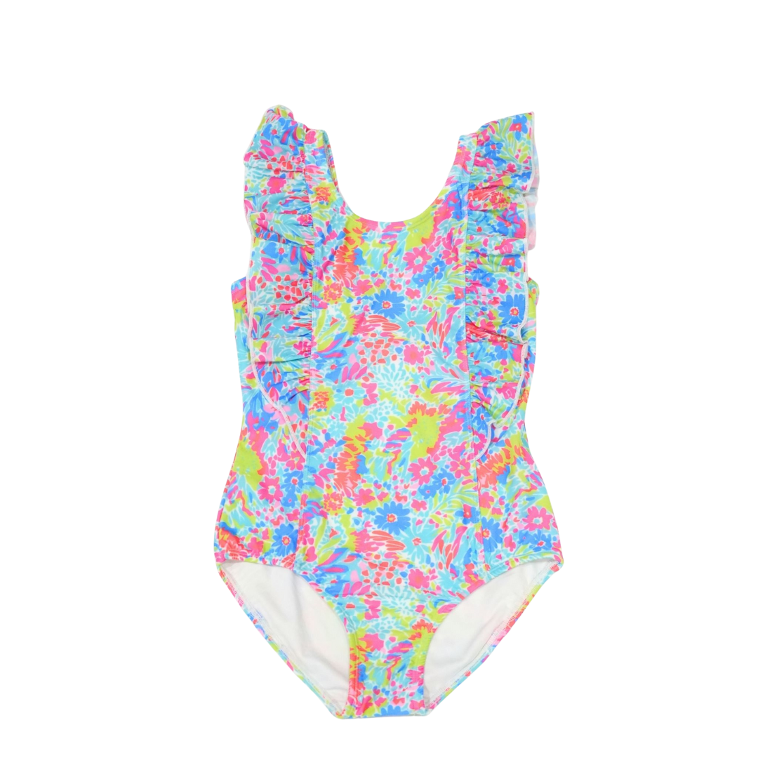 Side Ruffle Girls Swimsuit - Festive Floral - PRE-ORDER