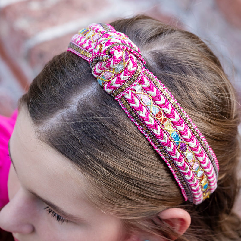 Woven Headband - Hot Pink Geometric
