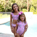 Girls Rashguard Swimsuit - Pink Botanical