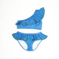 One Shoulder Ruffle Bikini Set - Blue on Blue Stripe - PRE-ORDER