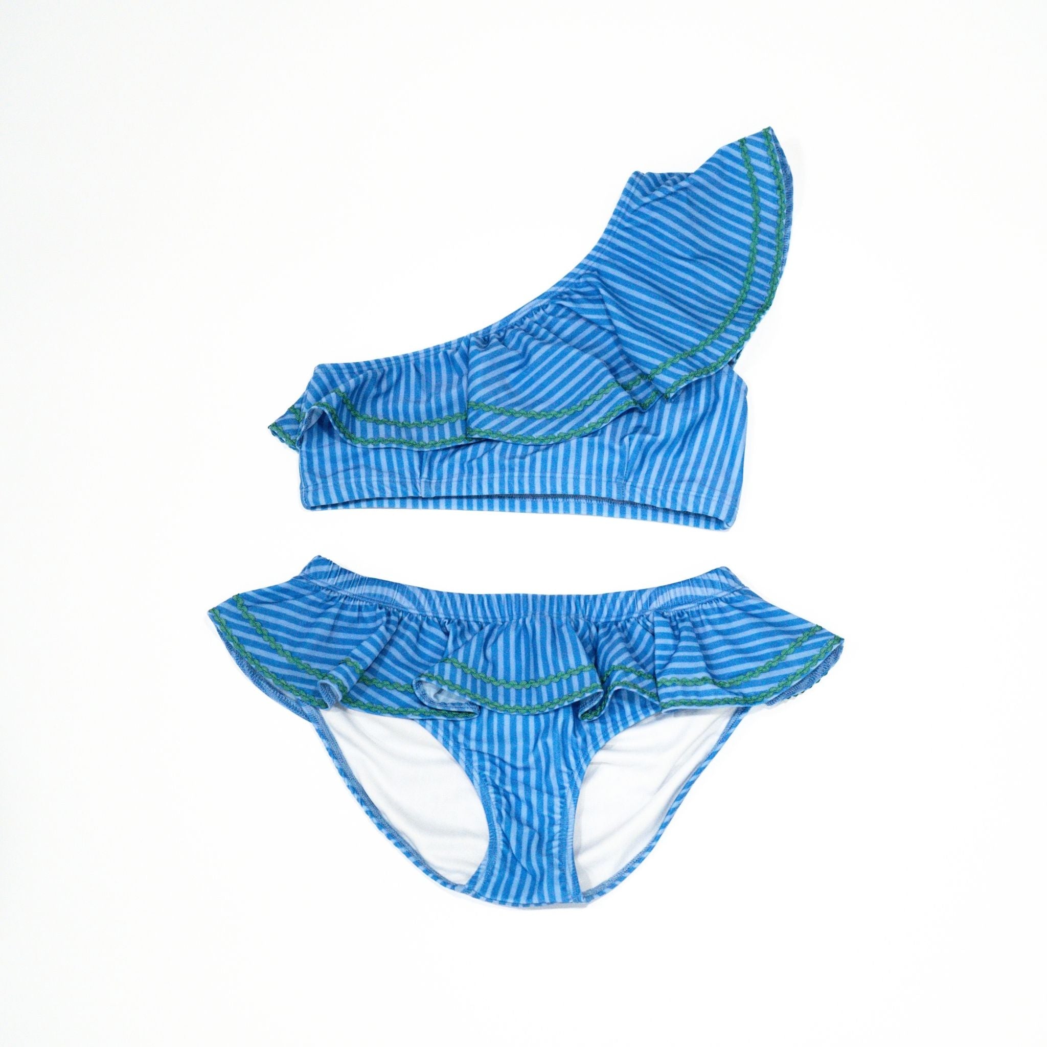 One Shoulder Ruffle Bikini Set - Blue on Blue Stripe - PRE-ORDER