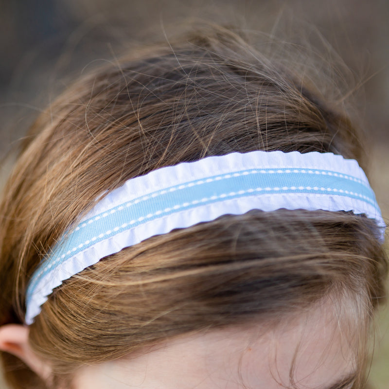 Light Blue Ticking Double Ruffle Girls Headband