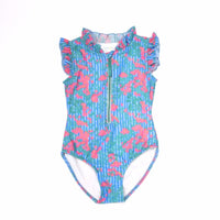 Sleeveless Rashguard Girls Swimsuit - Pink Blush Floral Stripe-PRE-ORDER