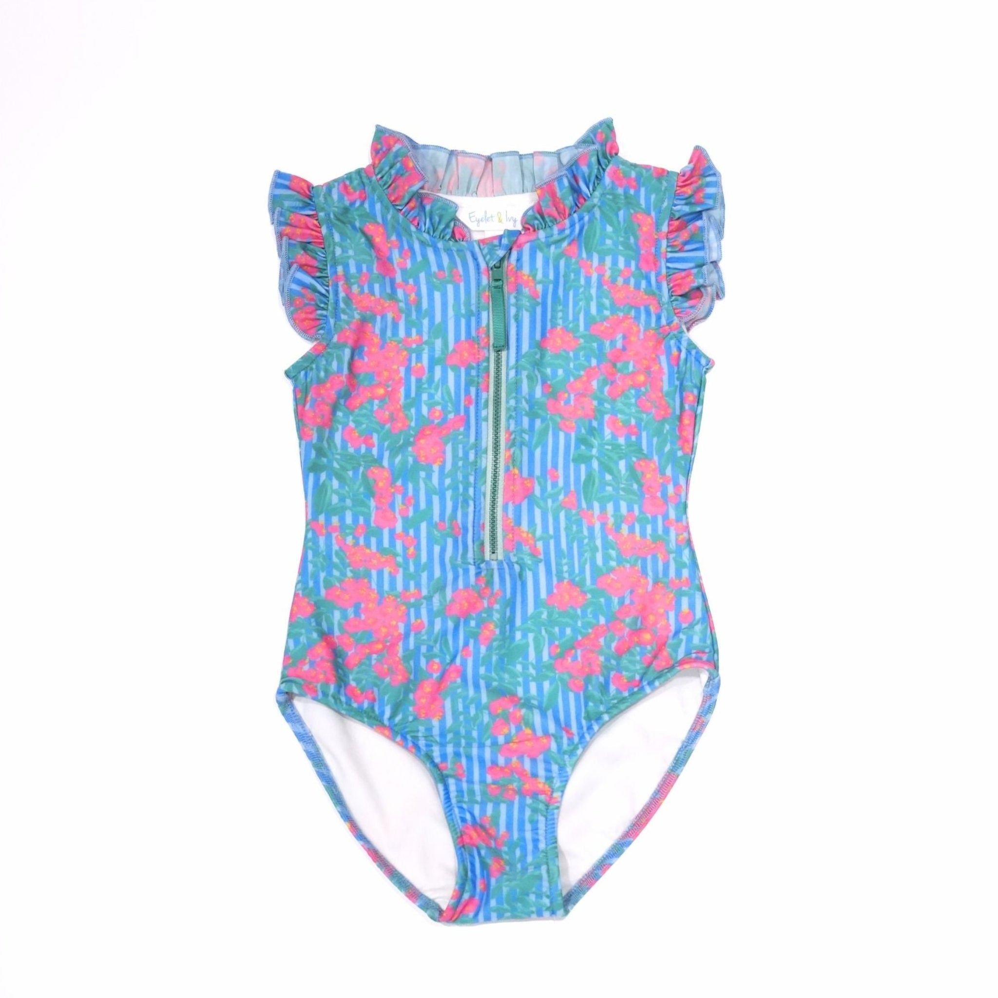Sleeveless Rashguard Girls Swimsuit - Pink Blush Floral Stripe-PRE-ORDER