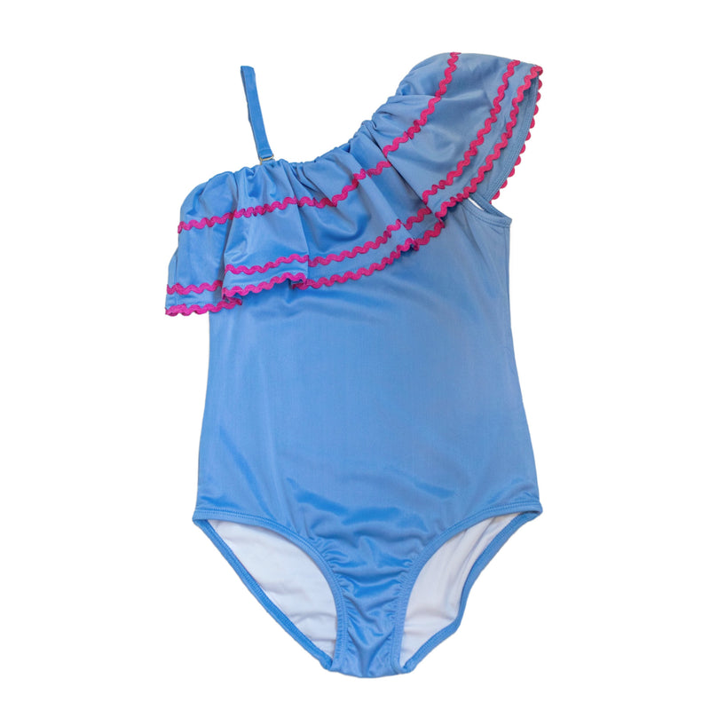 Girls Shoulder Ruffle Swimsuit - True Blue (Pre-order)