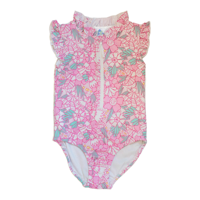 Girls Rashguard Swimsuit - Pink Botanical