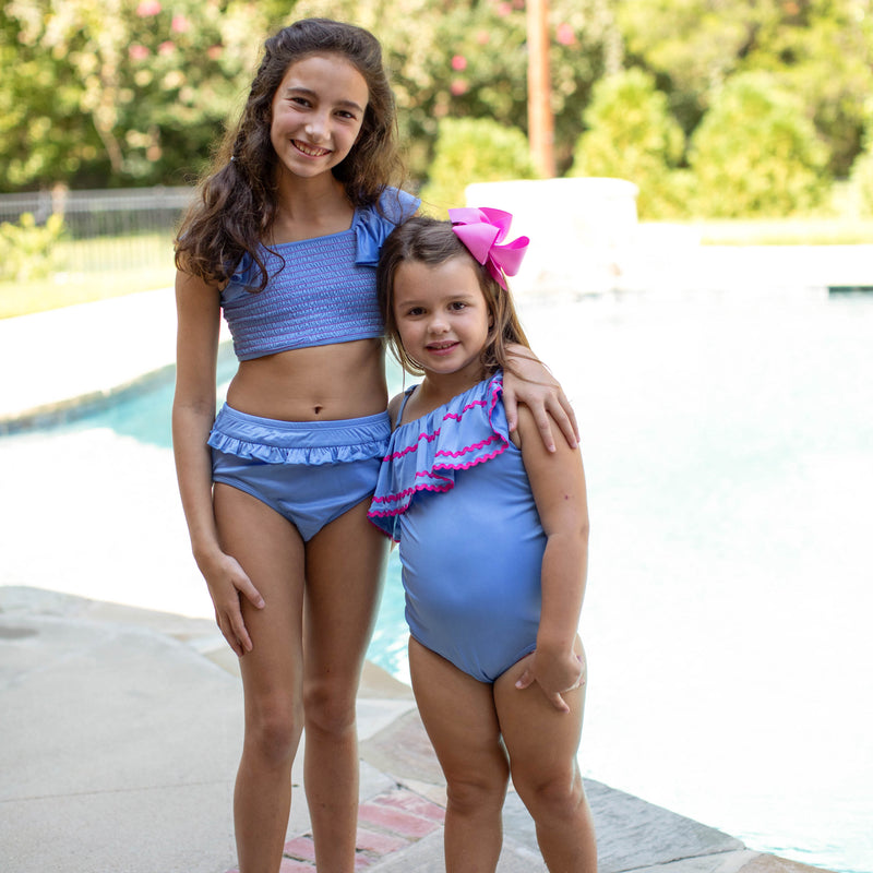 Girls Shoulder Ruffle Swimsuit - True Blue (Pre-order)