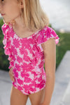 Side Ruffle Girls Swimsuit - Pink Peonies (Pre-order)