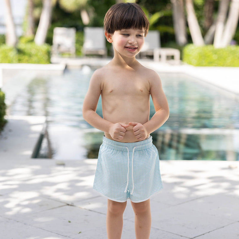 Retro Swim Trunks - Ocean Blue Gingham