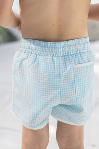 Retro Swim Trunks - Ocean Blue Gingham