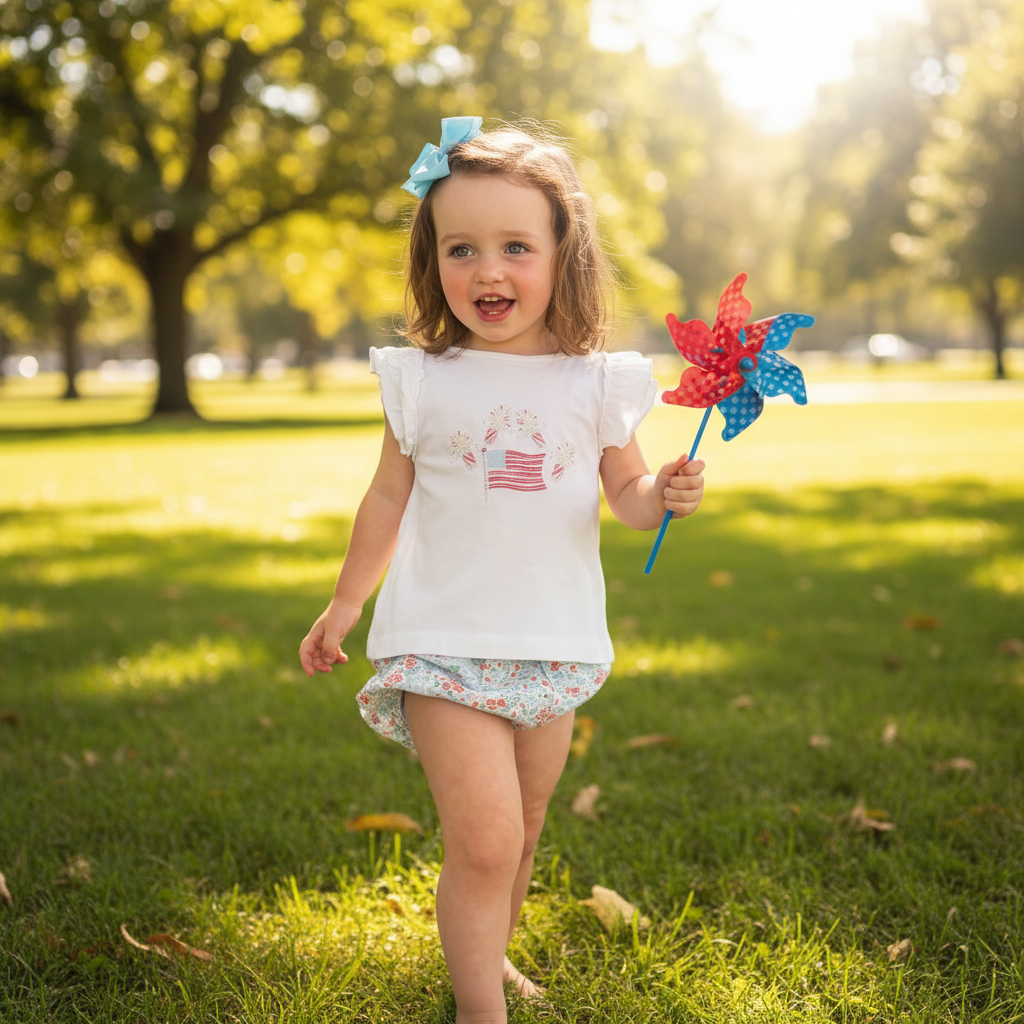 Lainey Girls Top -White with optional Flag and Fireworks-PRE-ORDER