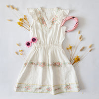 Lucy Girls Border Dress - Cream Seersucker