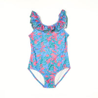 Wide Ruffle Girls Swimsuit - Pink Blush Floral Stripe - PRE-ORDER