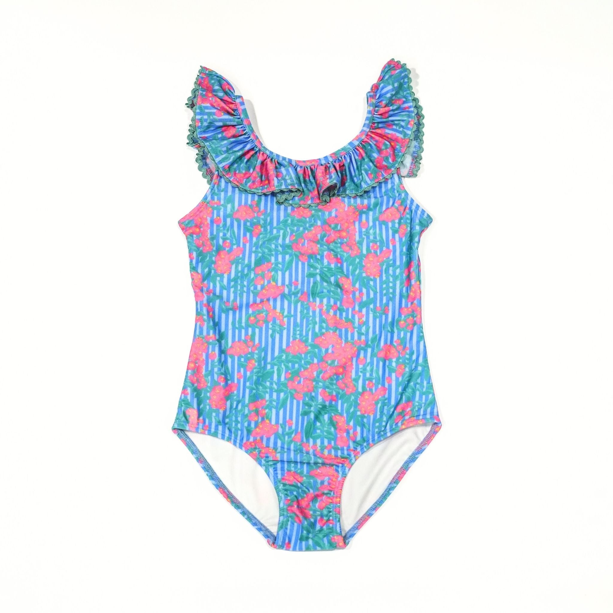 Wide Ruffle Girls Swimsuit - Pink Blush Floral Stripe - PRE-ORDER