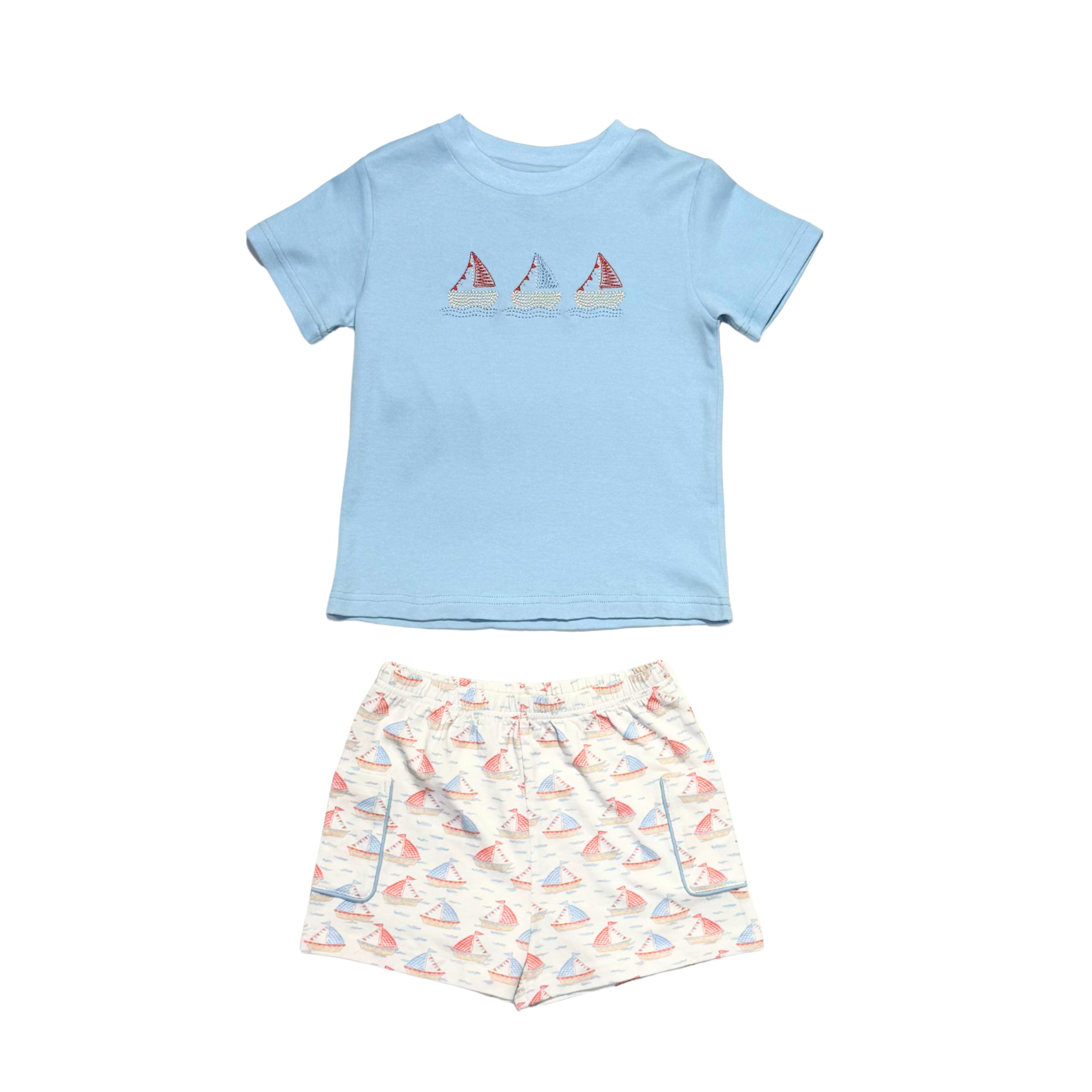Boys Crew Shirt -Embroidered Sailboats- PRE-ORDER