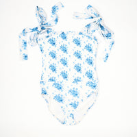 Smocked One Piece with Shoulder Ties Swimsuit - Vintage Blue Floral