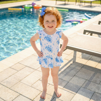Smocked One Piece with Shoulder Ties Swimsuit - Vintage Blue Floral