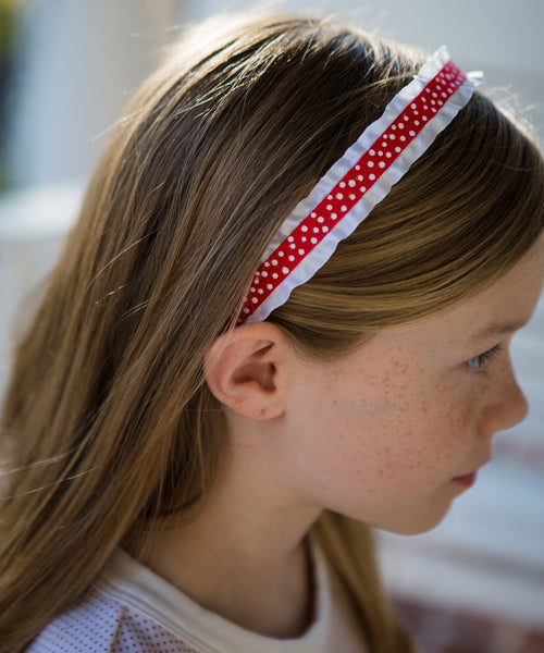 Double Ruffle Headband - Red with White Dot